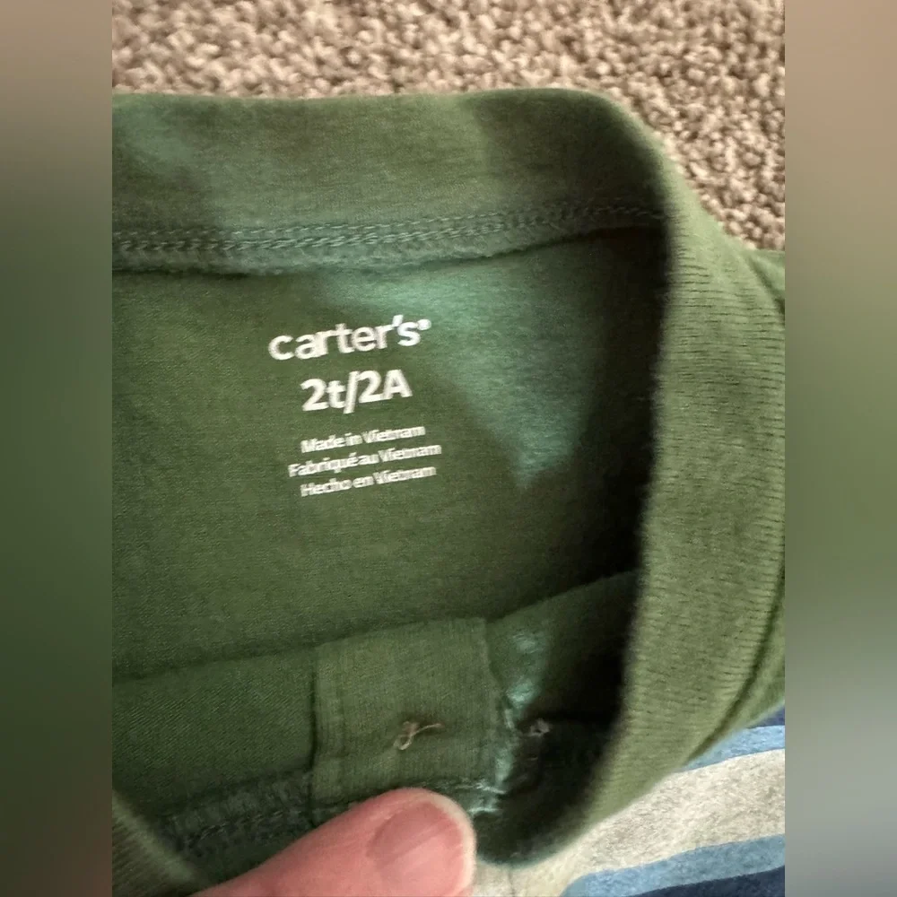 Carter’s Green & Khaki toddler boy outfit 2T Button up striped shirt lined pants